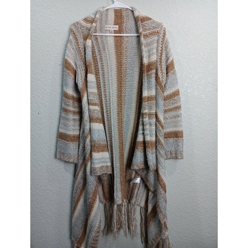 Knox Rose Long Knit Cardigan Duster Womens Large Open Front Fringe Boho Neutral